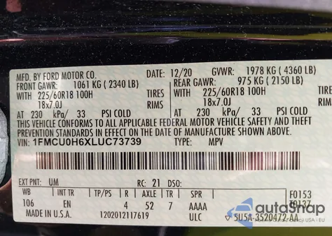 2020 Ford Escape Sel from USA, damaged, VIN 1FMCU0H6XLUC73739